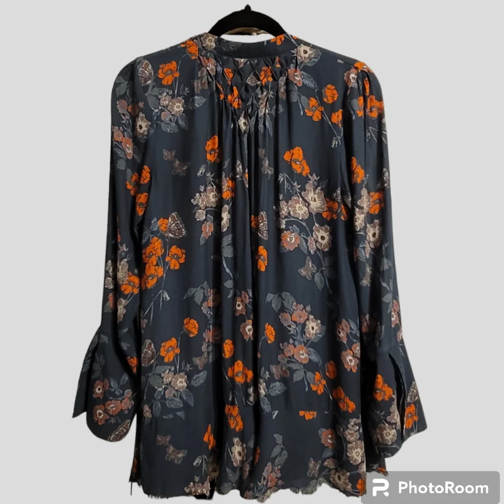 Free People Pebble Crepe Tunic Womens XS Multi Floral Oversized Smocked Boho Top - Picture 9 of 12